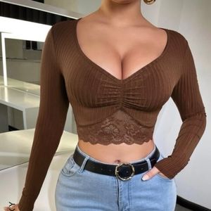 Shein Lace Ruched Front Plunging Neck Crop Tee